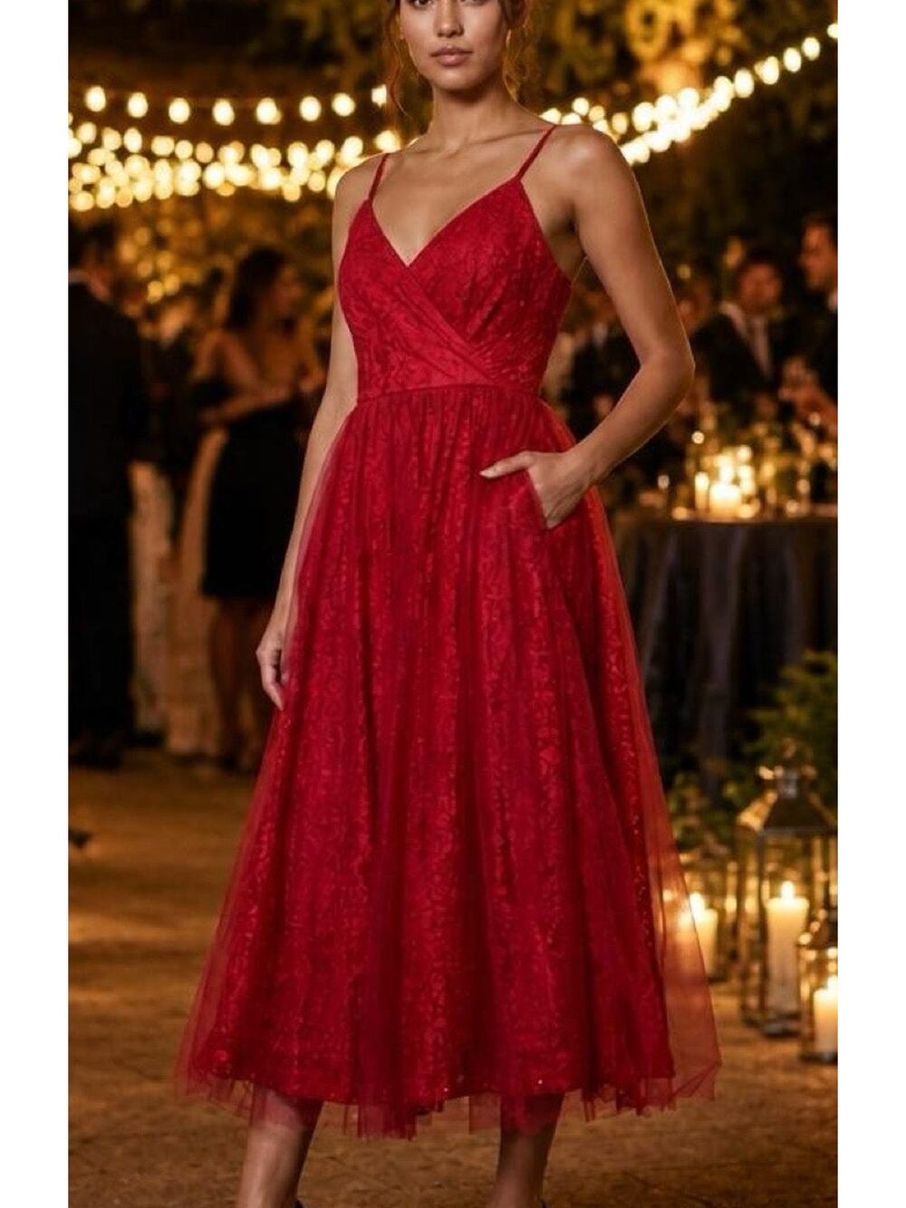 Lulus Red Tulle Midi Dress NWT Lace Overlay Party Wedding Guest Small